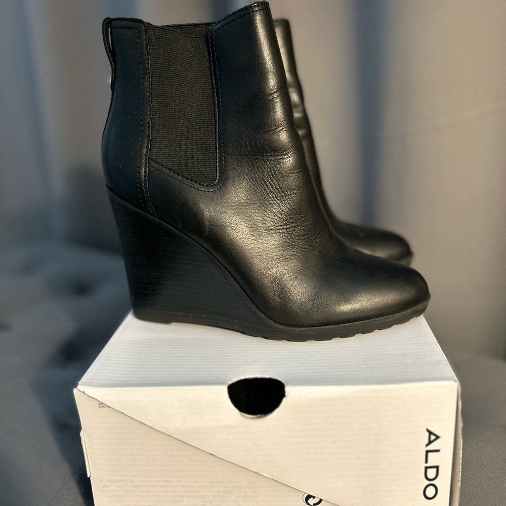Aldo Black Leather Wedge Boots